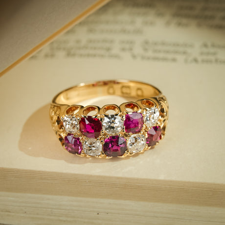 Victorian ruby and diamond checkerboard ring with antique gold band