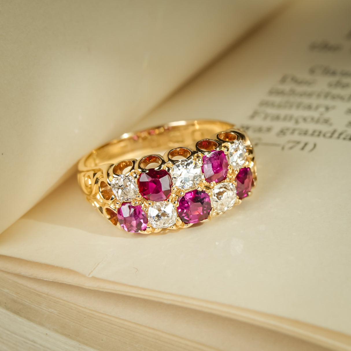 Victorian ruby and diamond checkerboard ring in vintage yellow gold