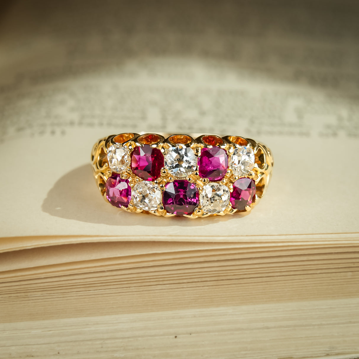 Victorian ruby and diamond checkerboard band ring in yellow gold