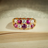 Victorian ruby and diamond checkerboard band ring in yellow gold
