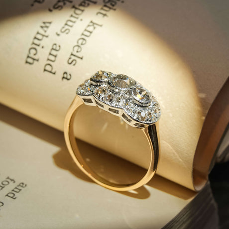 Vintage 1900s diamond cluster panel ring with old cut diamonds in gold