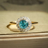 Vintage 1920s zircon ring with round blue zircon and diamond cluster halo