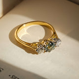 vintage 1950s green sapphire and diamond three stone engagement ring in yellow gold