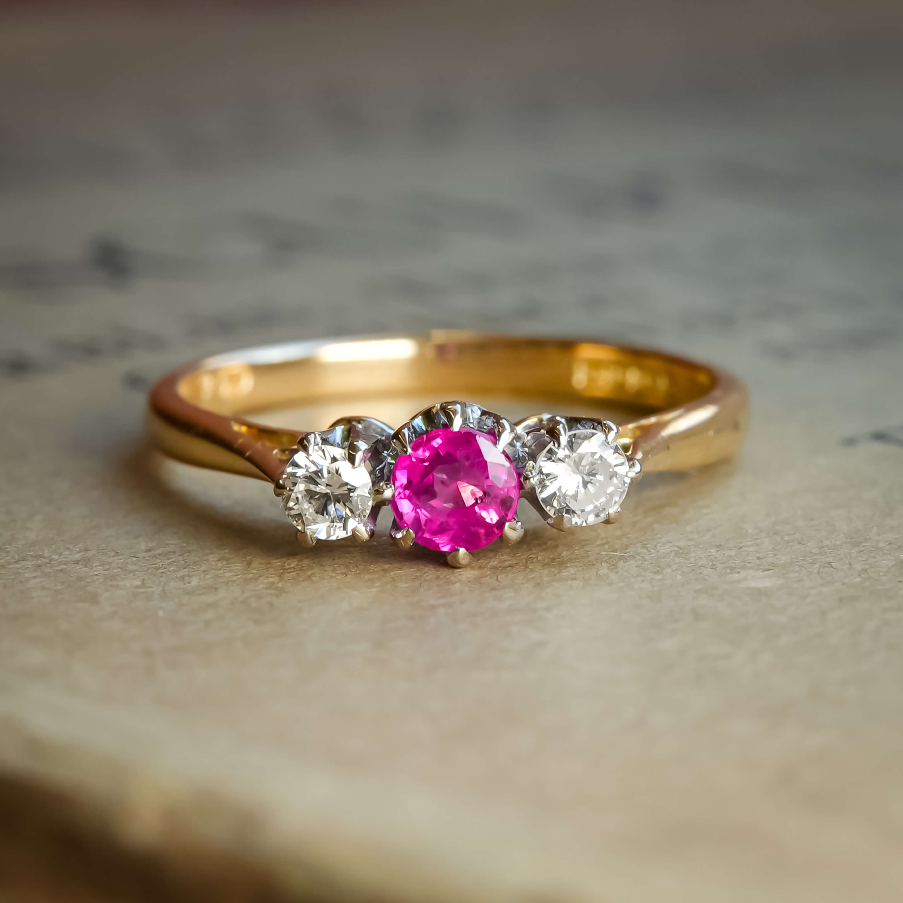 vintage 1960s ruby diamond three stone ring with yellow gold band