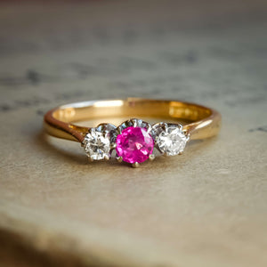 vintage 1960s ruby diamond three stone ring with yellow gold band