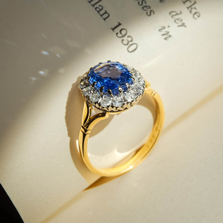 Vintage 1980s blue sapphire and diamond cluster ring in gold band
