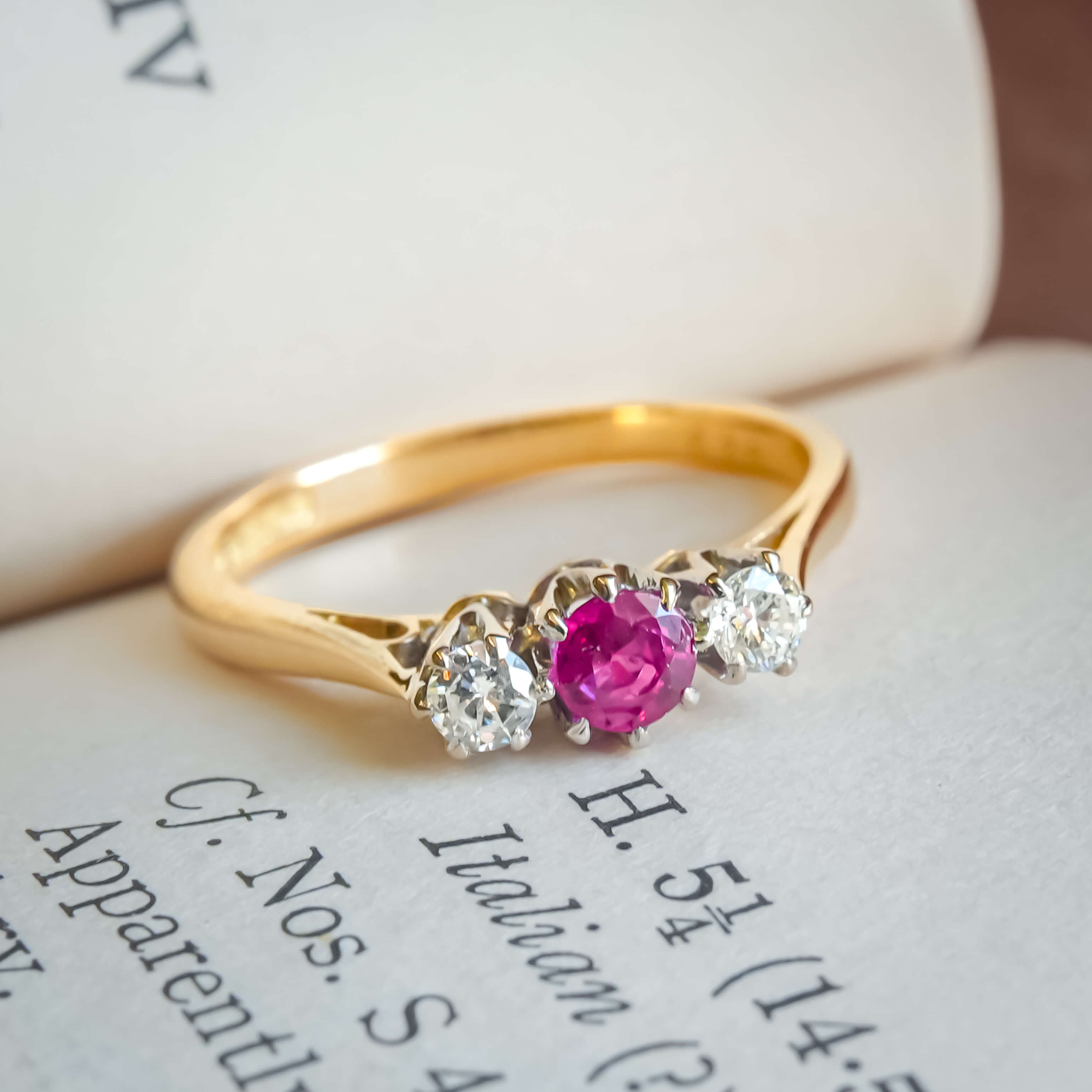 vintage ruby diamond three stone ring from the 1960s in yellow gold