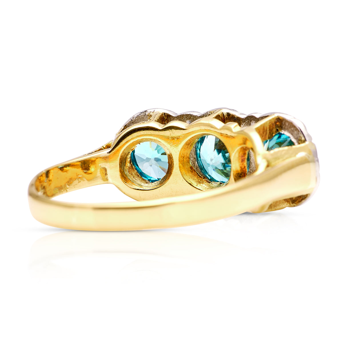 1930s zircon and diamond three stone cluster ring, 18ct yellow gold & platinum