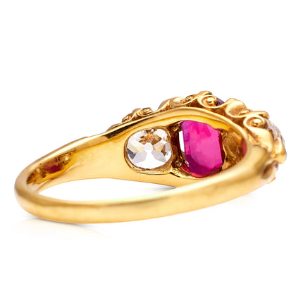 Victorian | A Stunning Ruby and Diamond Three-Stone Ring, 18ct Gold