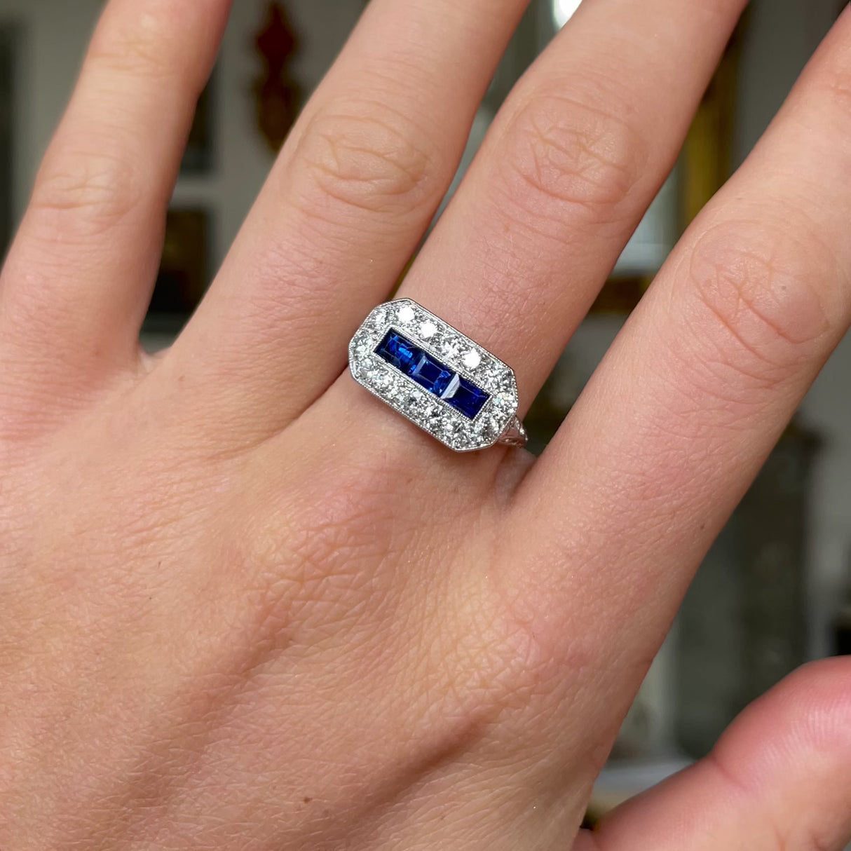 Art Deco sapphire & diamond engagement ring, platinum