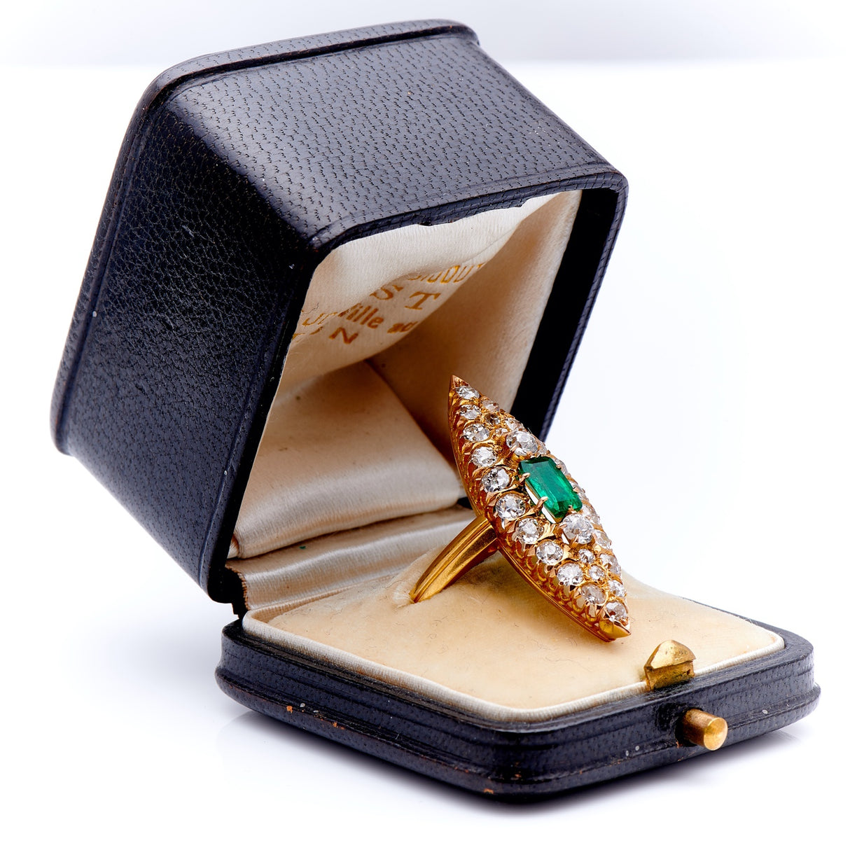 Belle Époque, French, emerald & diamond marquise cluster ring, original box