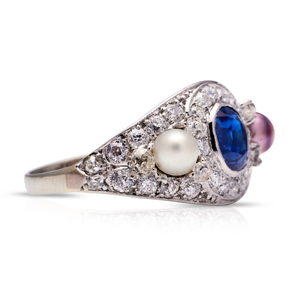 Antique Sapphire and Diamond and Natural Pearl Cocktail Ring