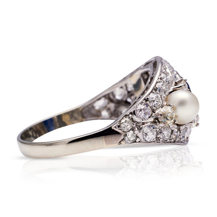Antique Sapphire and Diamond and Natural Pearl Cocktail Ring