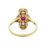 Antique belle epoque ruby and diamond ring , rear view. 