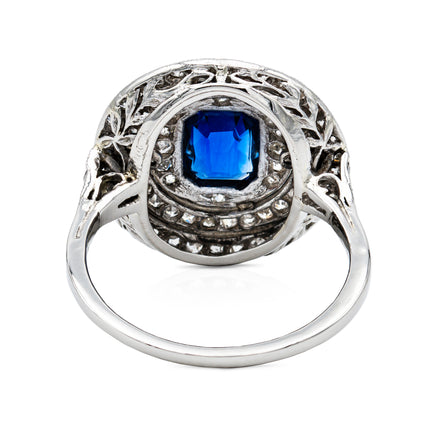 Art Deco Royal Blue Sapphire and Diamond Target Cluster Ring, Platinum