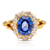 Victorian, sapphire and diamond cluster engagement ring, front view.