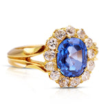 Victorian, sapphire and diamond cluster engagement ring, side view.