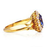 Victorian, sapphire and diamond cluster engagement ring, side view.