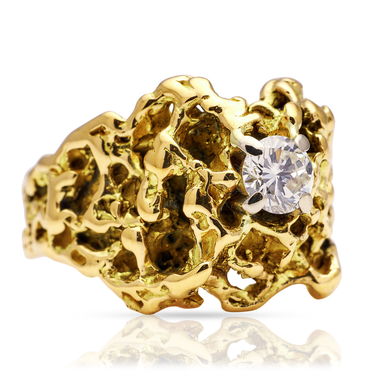 Vintage textured 18ct yellow gold nugget diamond ring, side view. 