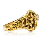 Vintage textured 18ct yellow gold nugget diamond ring, side view. 