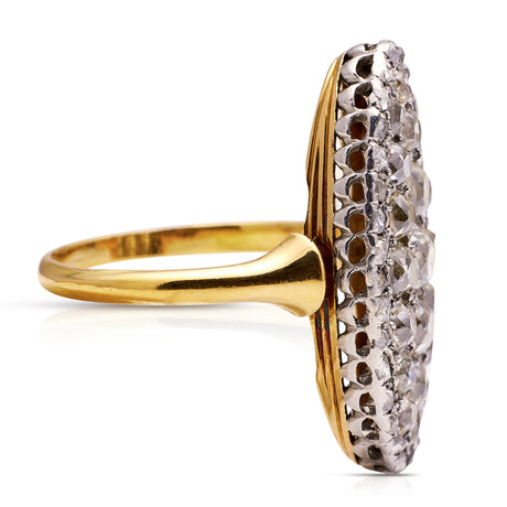 Victorian diamond panel navette ring, side view.