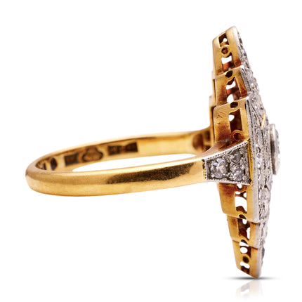 Swedish Art Deco Diamond Navette Plaque Engagement Ring, 18ct Gold, Platinum