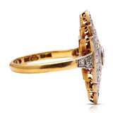 Art Deco diamond navette engagement ring, side view. 