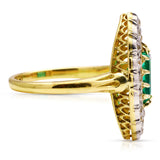 Emerald and diamond navette ring, side view. 