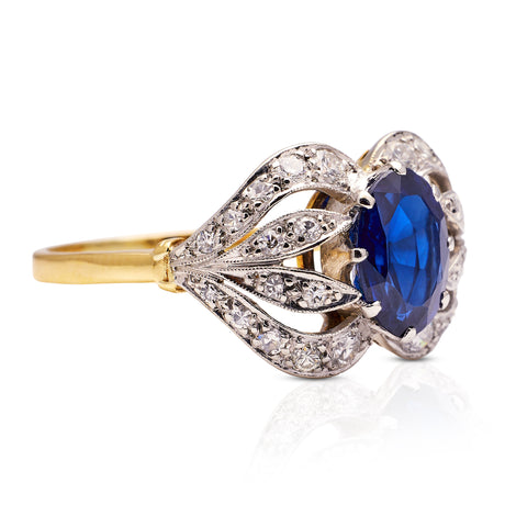Art Nouveau, sapphire and diamond ring, side view.