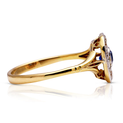 Edwardian Sapphire and Diamond Square Cluster Engagement Ring, 18ct Yellow Gold