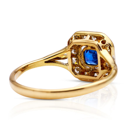 Edwardian Sapphire and Diamond Square Cluster Engagement Ring, 18ct Yellow Gold