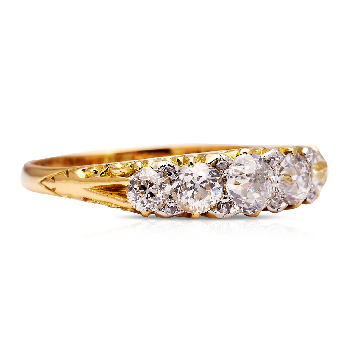 Victorian five stone diamond engagement ring, side view. 