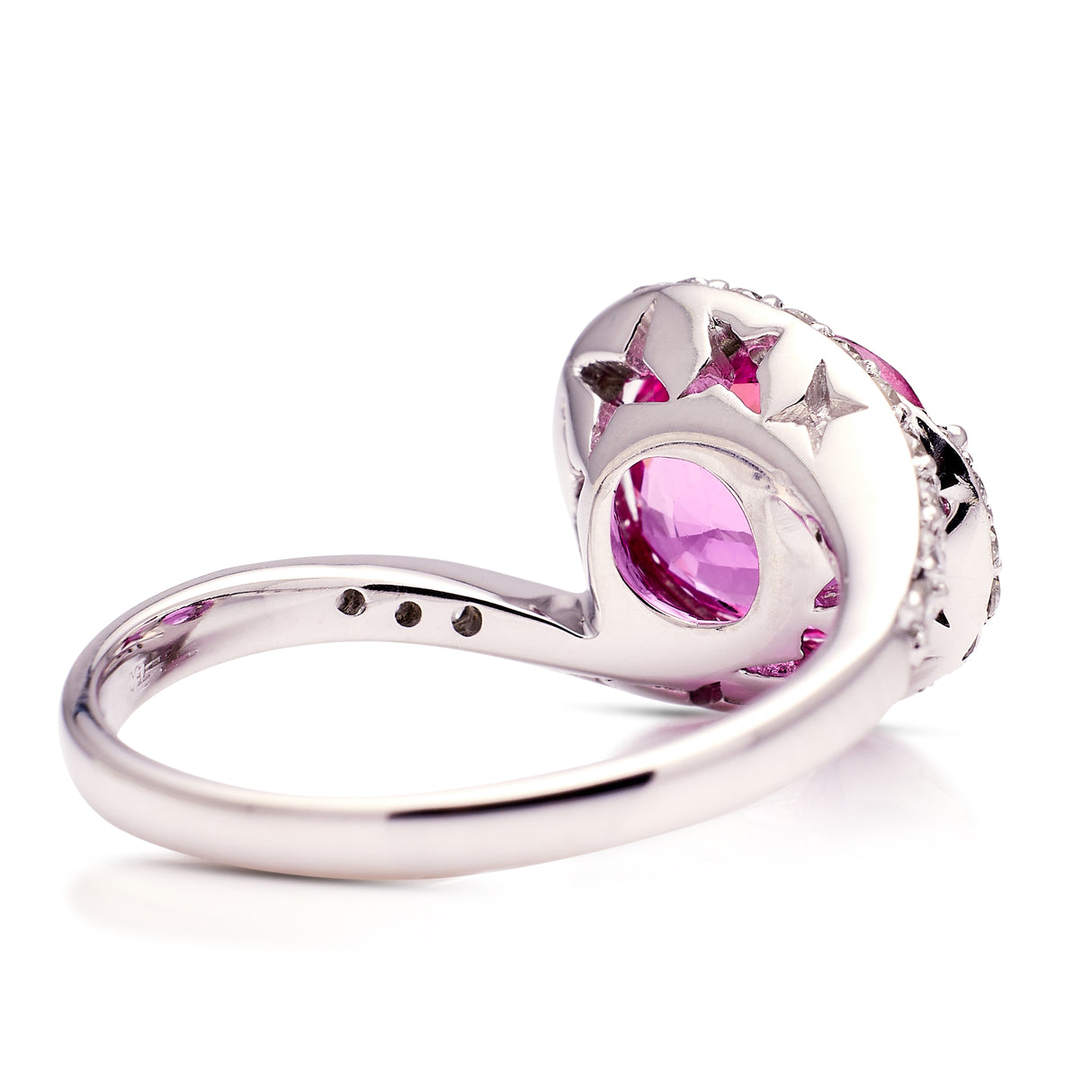 Pink sapphire and diamond engagement ring, rear view. 