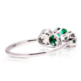 Vintage Art Deco three-stone emerald and diamond engagement ring, rear view. 