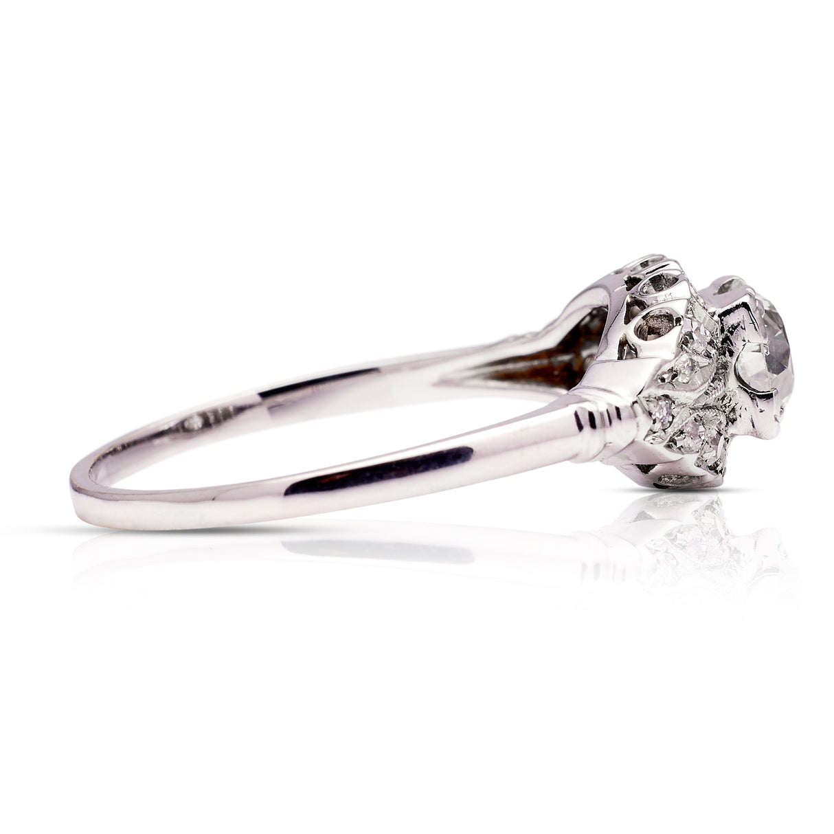 Art Deco diamond engagement ring, side view.