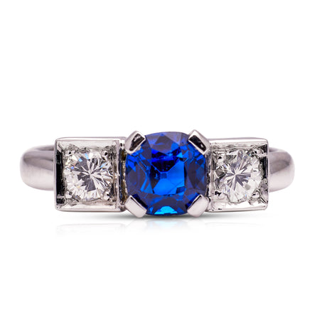 Art Deco three stone sapphire and diamond ring, front view.
