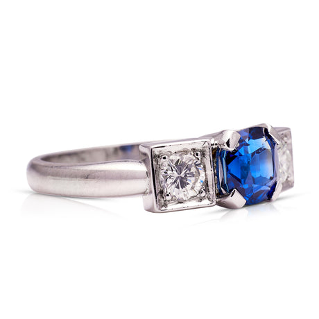 Art Deco three stone sapphire and diamond ring, side view.