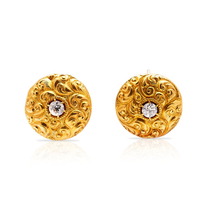 Antique | Regency, Diamond Repoussé Button Earrings, 15ct Yellow Gold