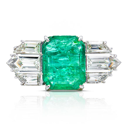 Emerald-Diamond-Engagement-Ring-1950s-Vintage-18ct-White-Gold-Unique-Baguette-Cut