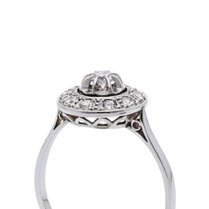 French, Art Deco Diamond Cluster Engagement Ring, 18ct White Gold and Platinum