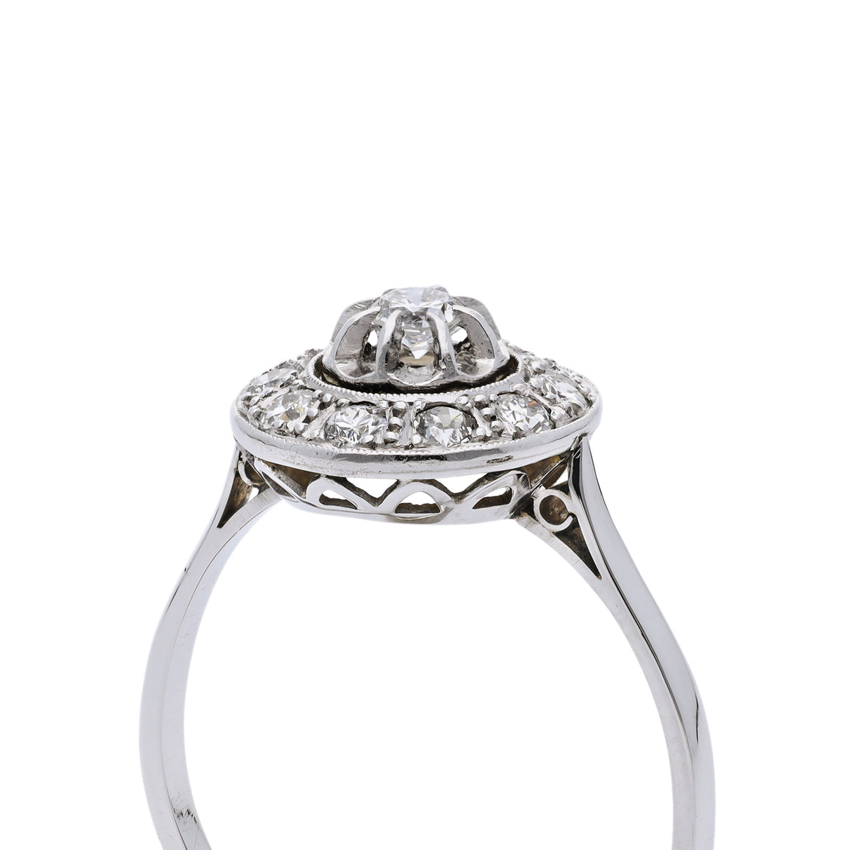 Art Deco diamond cluster engagement ring, side view. 