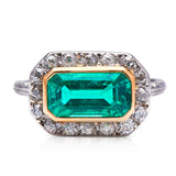 Antique, Edwardian Colombian Emerald and Diamond Ring, Platinum