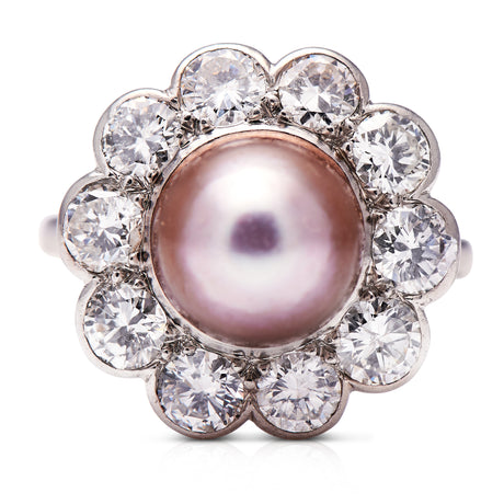 Antique natural pearl and diamond ring, front view. 