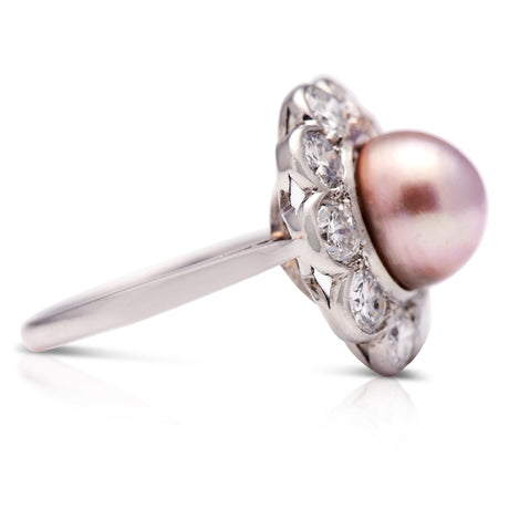 Antique natural pearl and diamond ring, side view. 