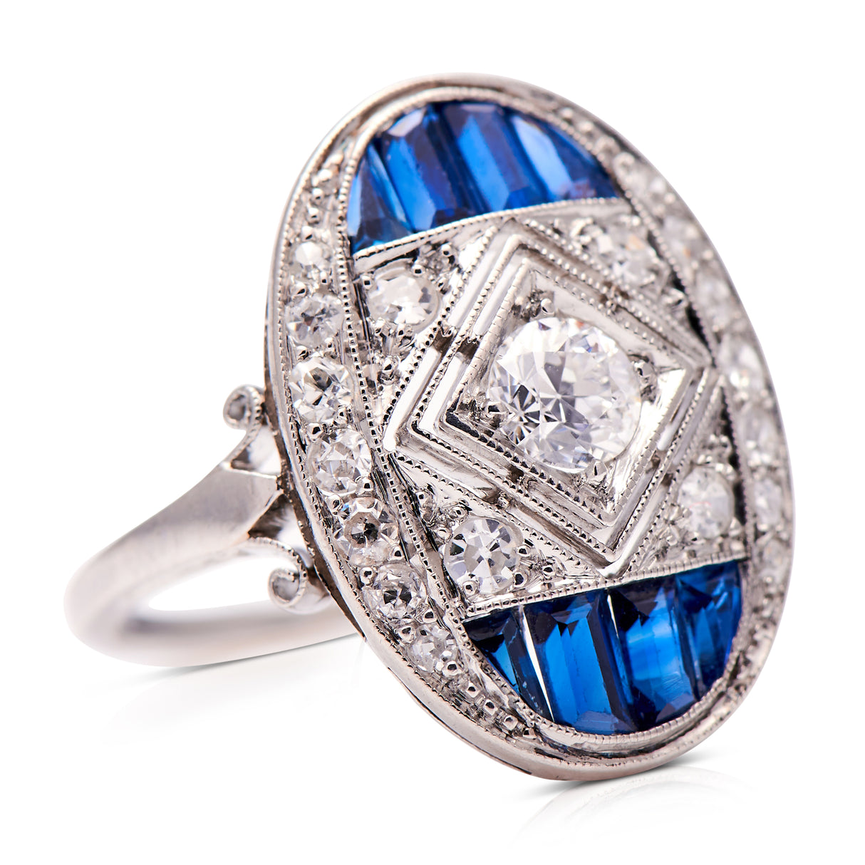 Art Deco Diamond and Sapphire Ring, Platinum