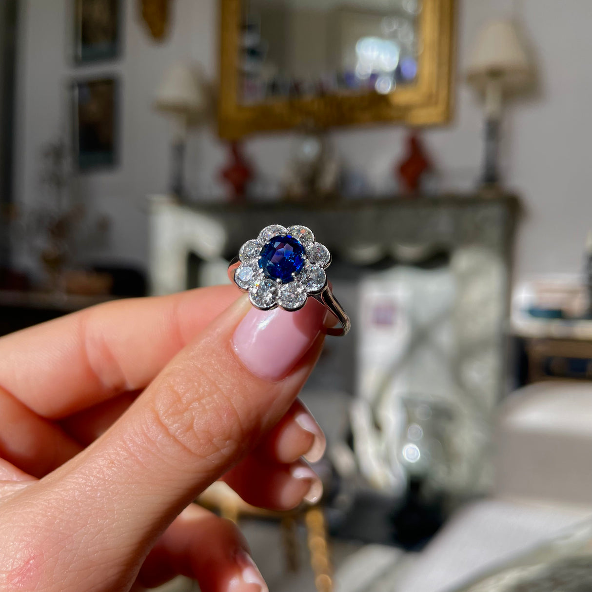 1920s Art Deco sapphire & diamond cluster engagement ring, platinum