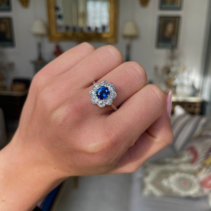 1920s Art Deco Sapphire & Diamond Cluster Engagement Ring, Platinum