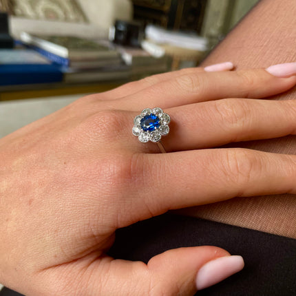 1920s Art Deco Sapphire & Diamond Cluster Engagement Ring, Platinum