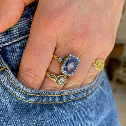 Early 19th Century Victorian, 5ct Sri Lankan Sapphire and Diamond Ring, 18ct Yellow Gold