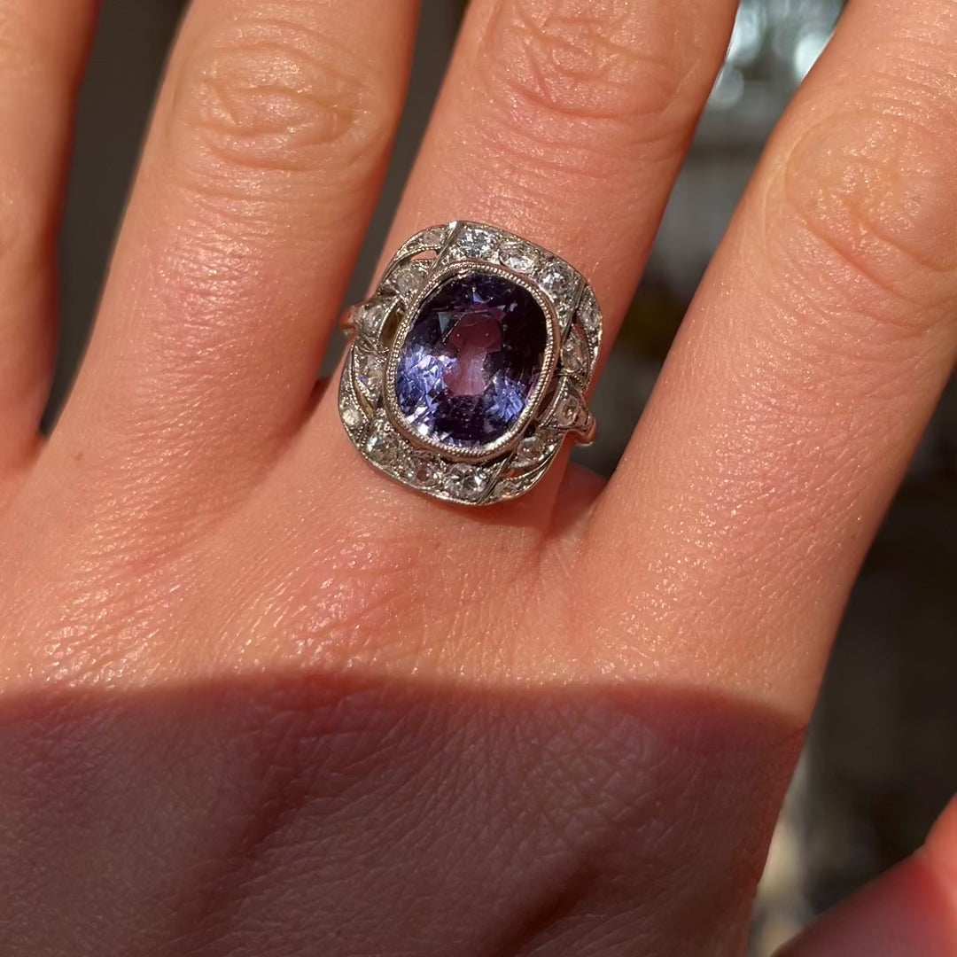 Belle Époque lavender purple spinel and diamond cluster ring, 18ct yellow gold